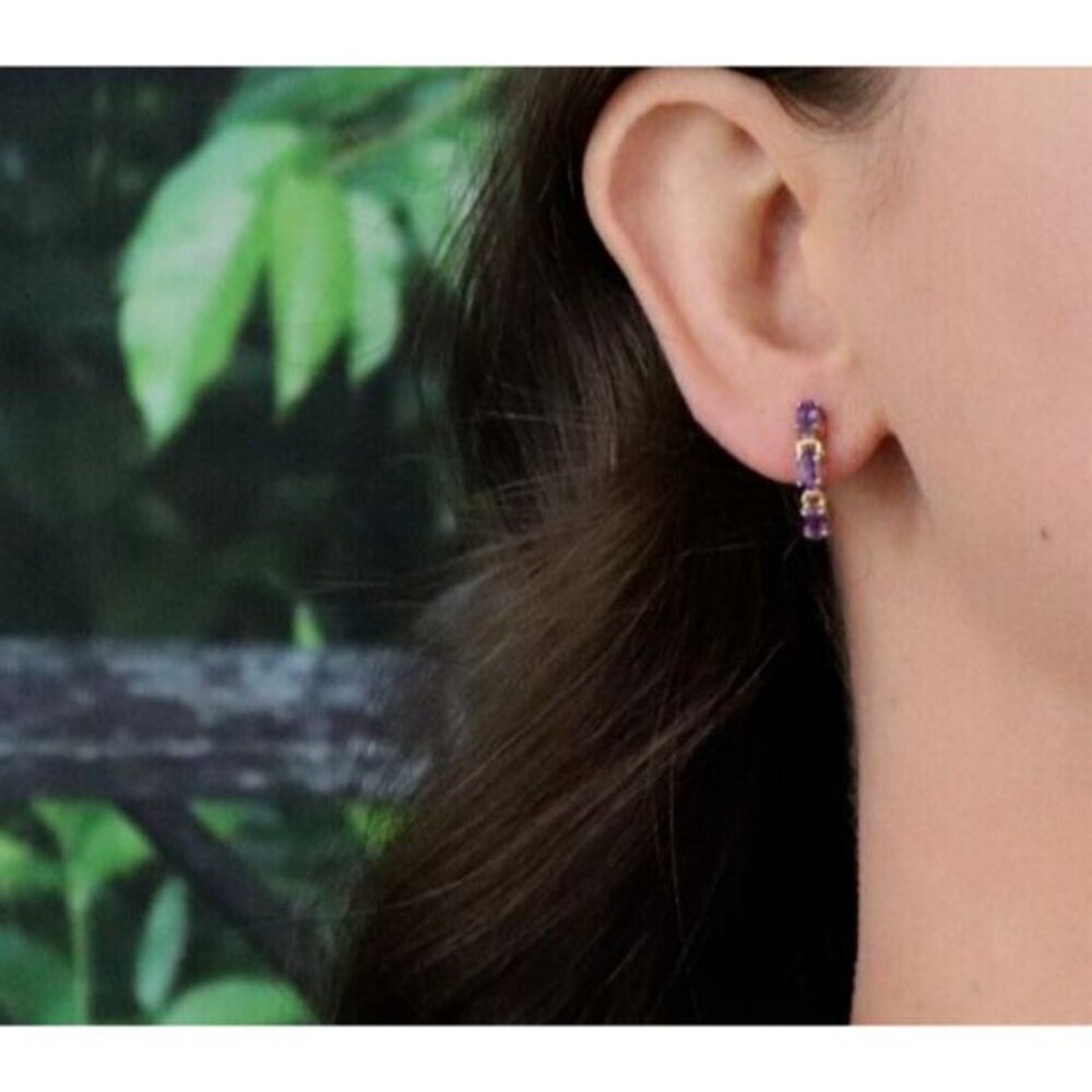 10k Yellow Gold Natural Amethyst Earrings Half Hoop - Picture 2 of 8